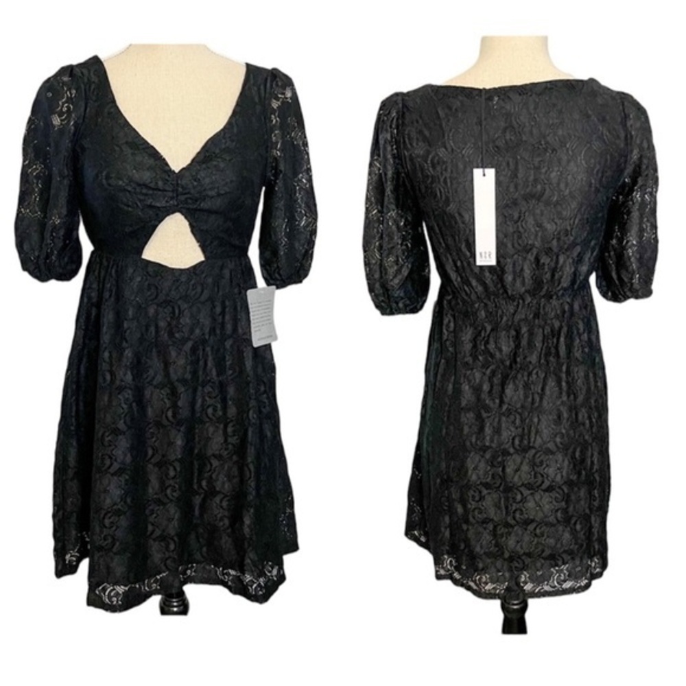 NWT NSR Womens Black Lace Stretch Puff Sleeve Keyhole Front Dress XS